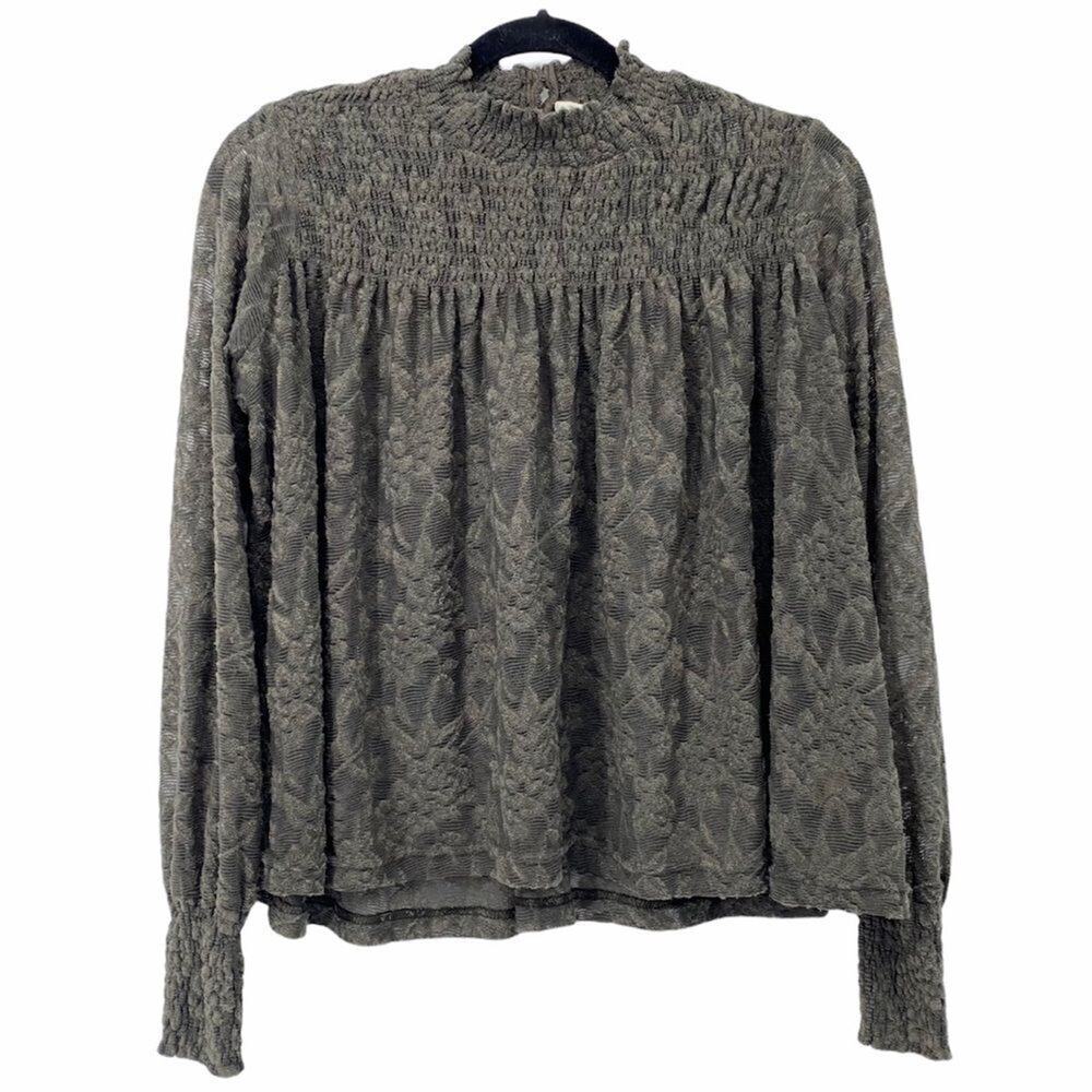 Anthropologie Deletta Green Lace Mock Neck Blouse